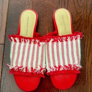 Red and white fringed slide sandals